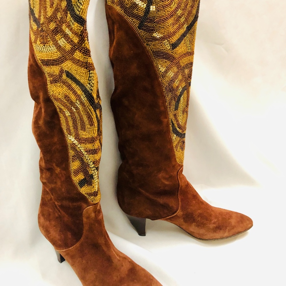 BROWN SUEDE BEADED ITALIAN BOOTS -7 1/2 MED